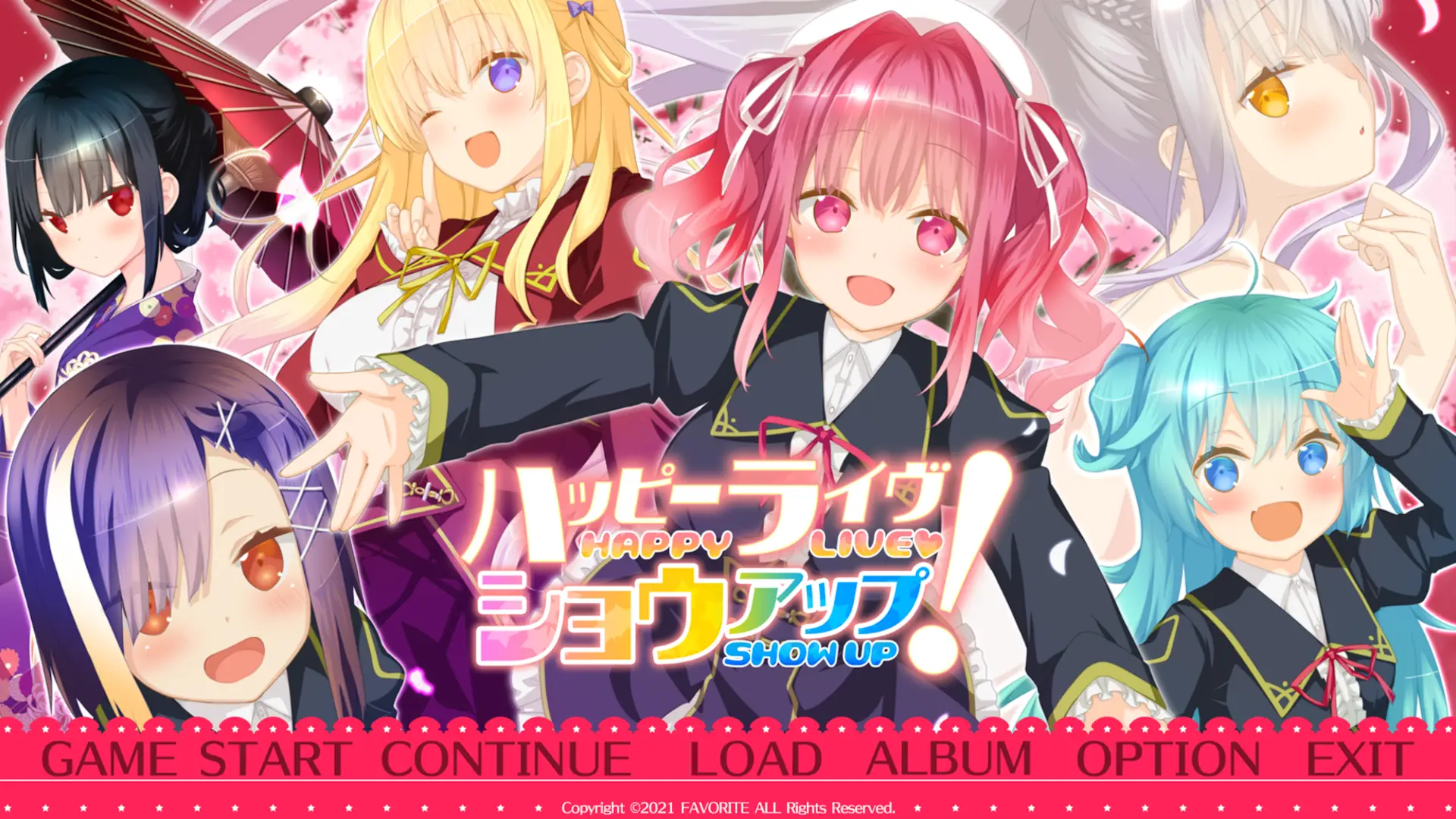 Happy Live, Show Up uses the standard style of art that we've gotten used to from the company FAVORITE. Bright pastel colors for all the heroines in this start menu art.