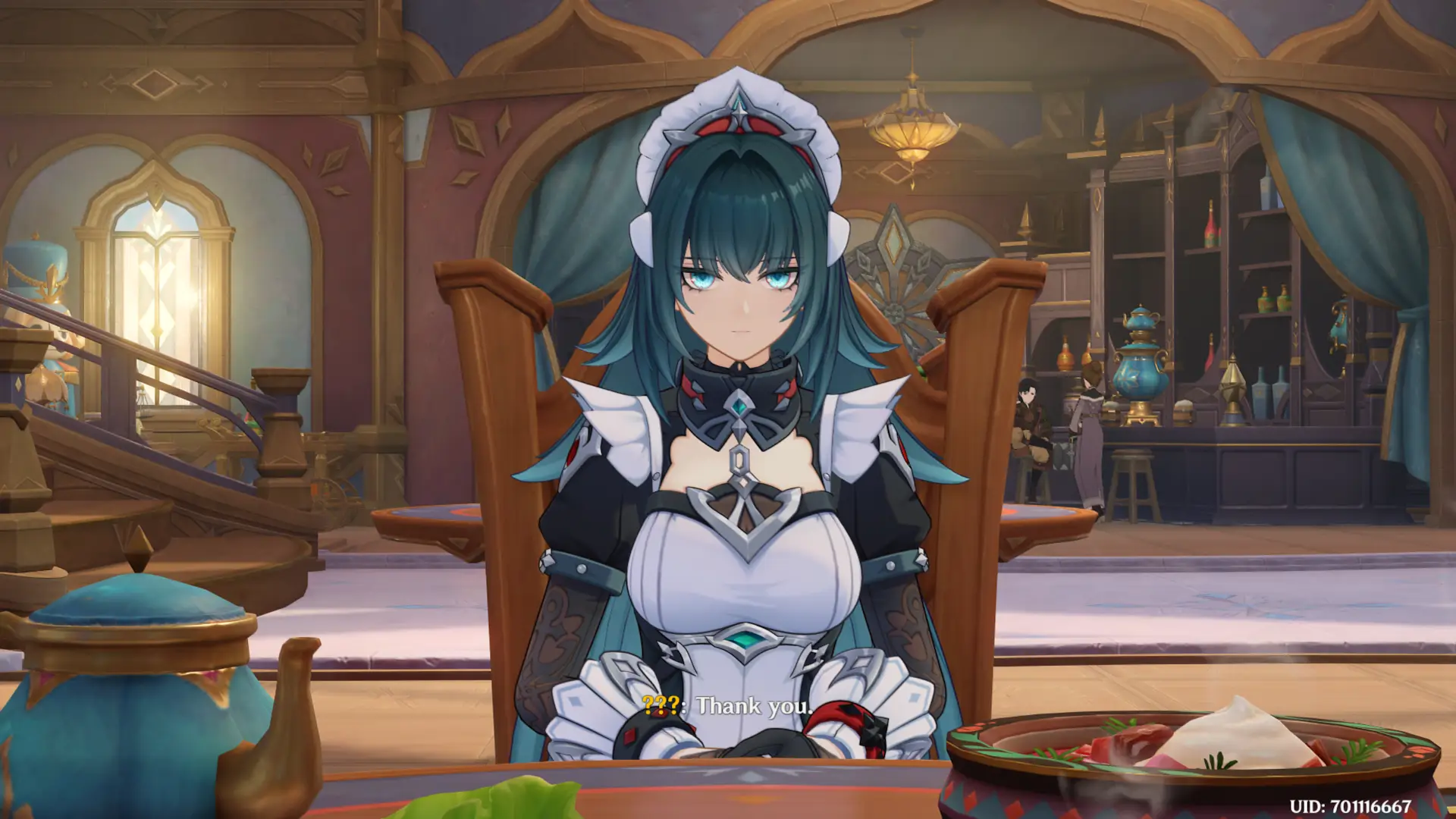 Imagine an hot maid come to your table and sit there staring at you. What are you going to do? Of course stare back!