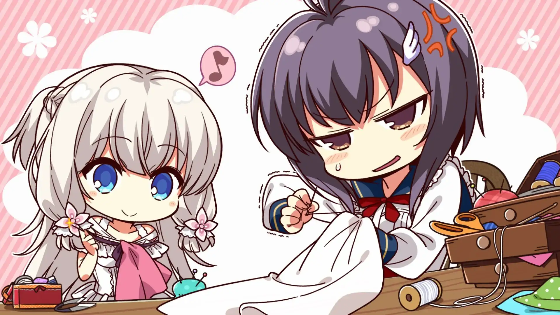 The super deformed CGs are ultra cute too. Here showing Yue and Tsumugi trying to sew something.