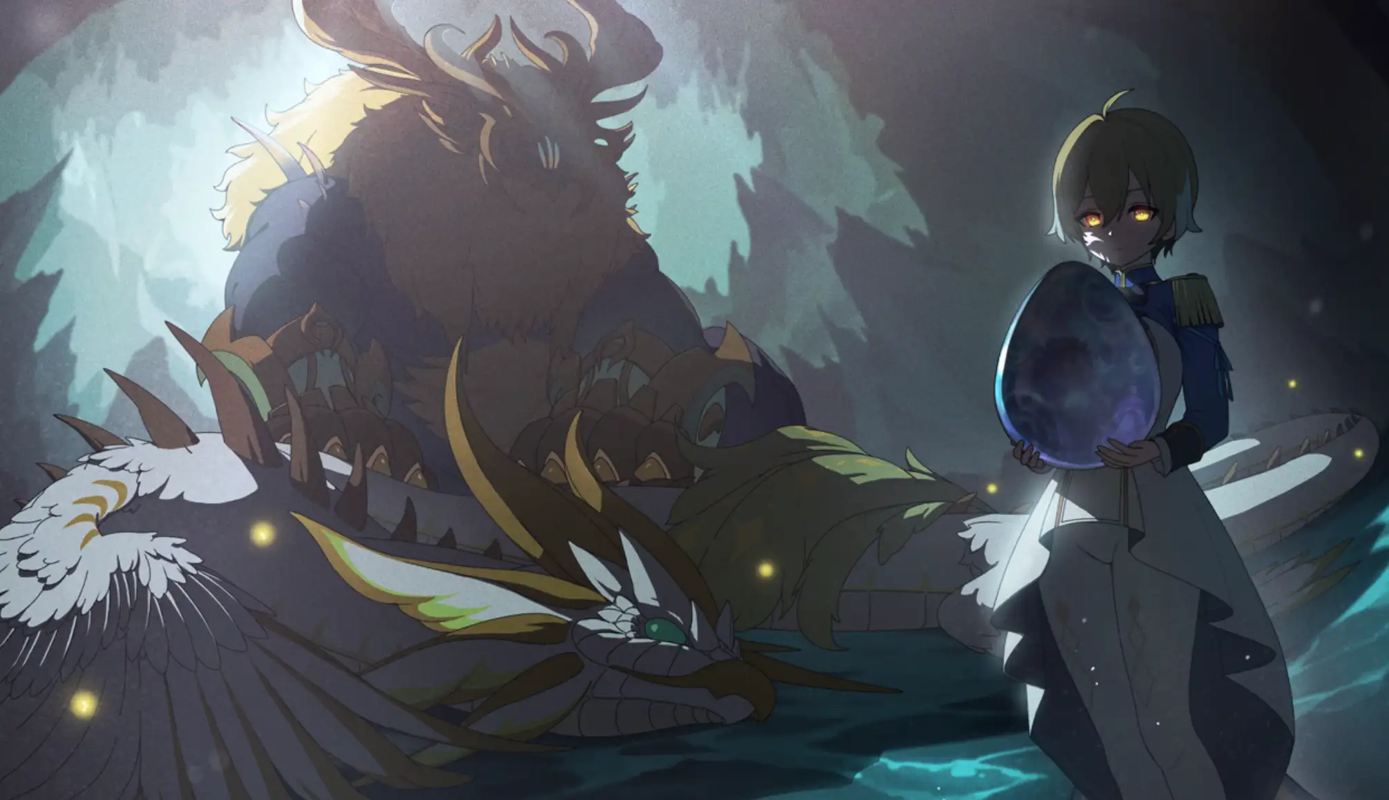 Tiana showing off her egg to everyone with a giant monster behind her. She seems fully like a puppet though...