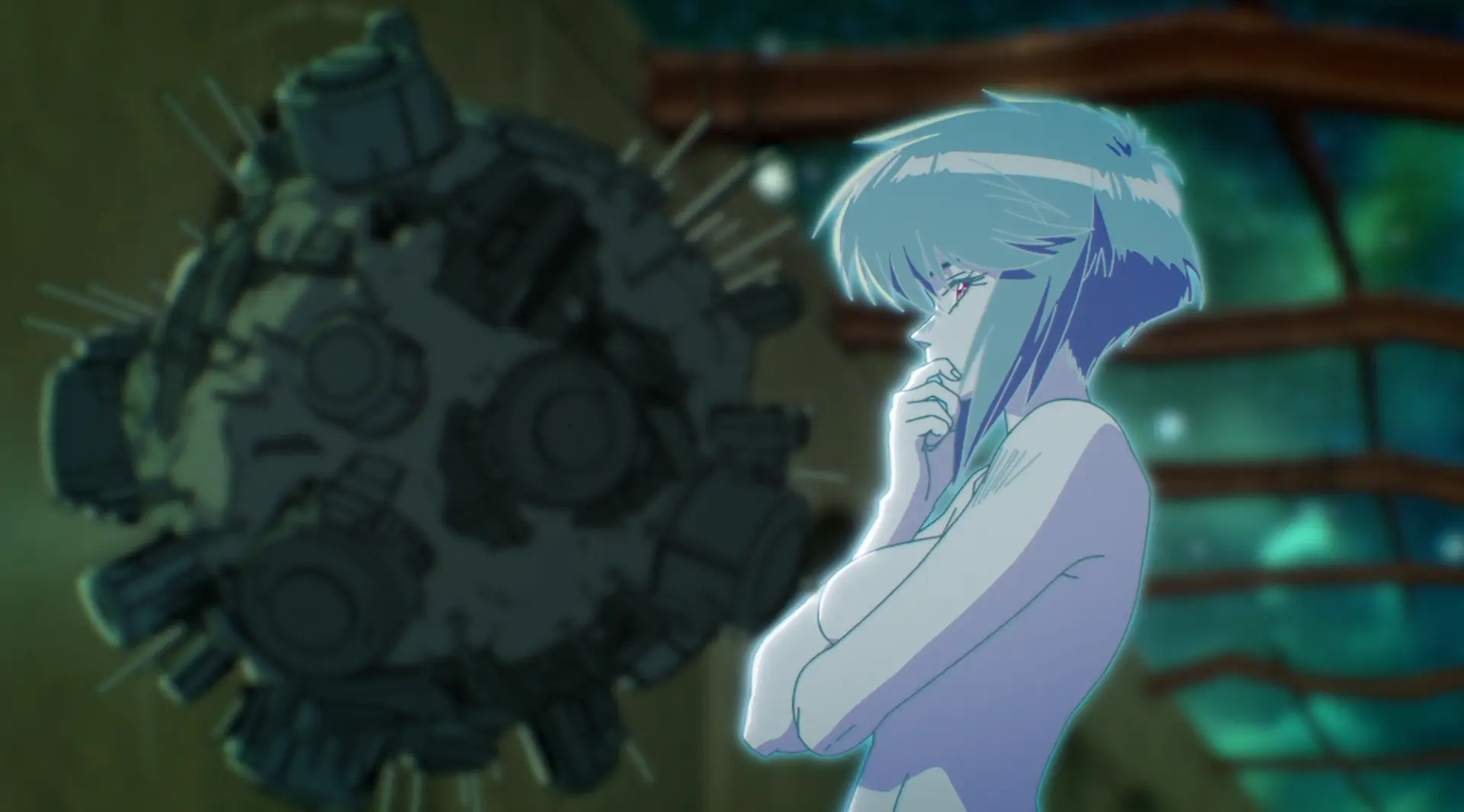 The whole philosophical part of the discussion was interesting, but why was she naked? Fanservice? Not that I mind.