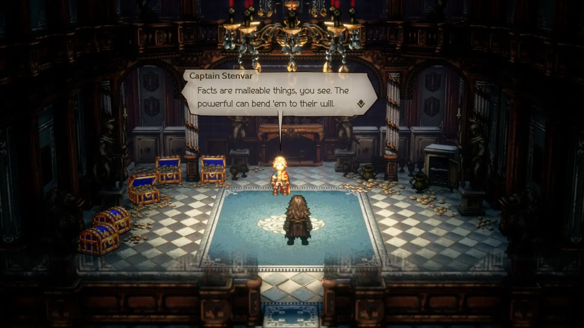 Captain Stenvar sure likes to show off his stereotypical villain face. Tons of gold around the room, talk about bending facts to his will, even the "you know too much now" line!