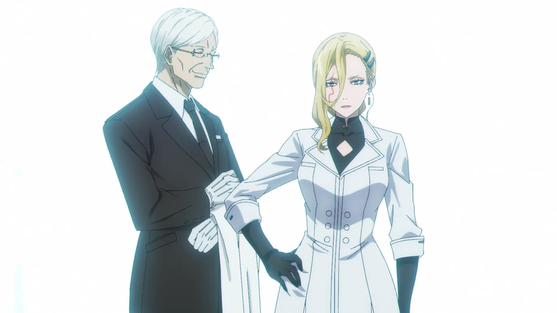 Toko Kusumi sure looks like a tough woman, but her butler? Having eyes permanently closed is a sign that he's probably as strong as her...