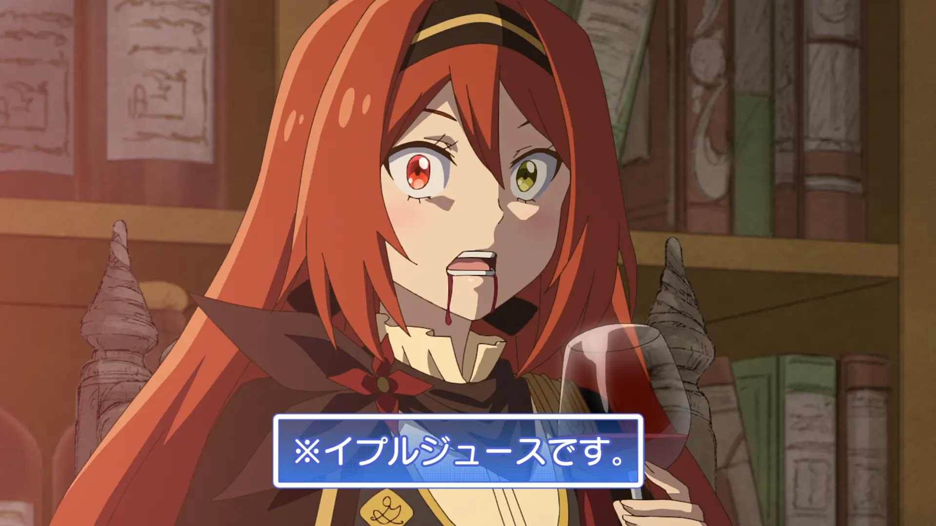 Now this could be misunderstood, but Elimina isn't bleeding, that's wine even though the looks makes her look a bit like near death.