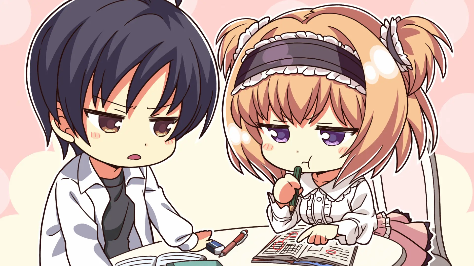 Tsubame trying hard to force Alice to actually sit down and study, not an easy task considering how easily distracted she is. She even pulled an ecchi book at some point to try and see if Tsubame gets distracted too.