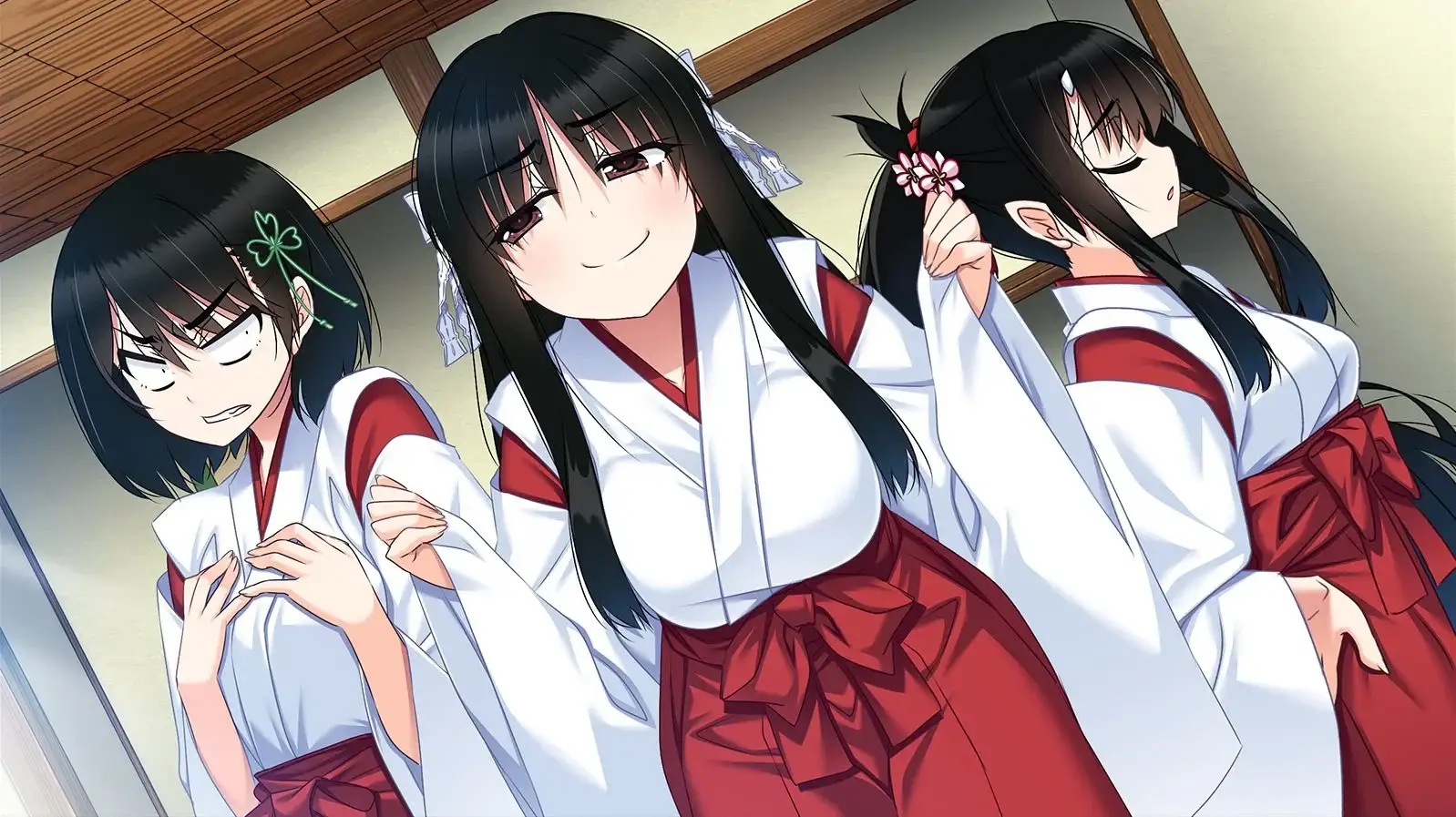 Lots of references to shrine maidens and similar because of the setting. Here showing all three main heroines.