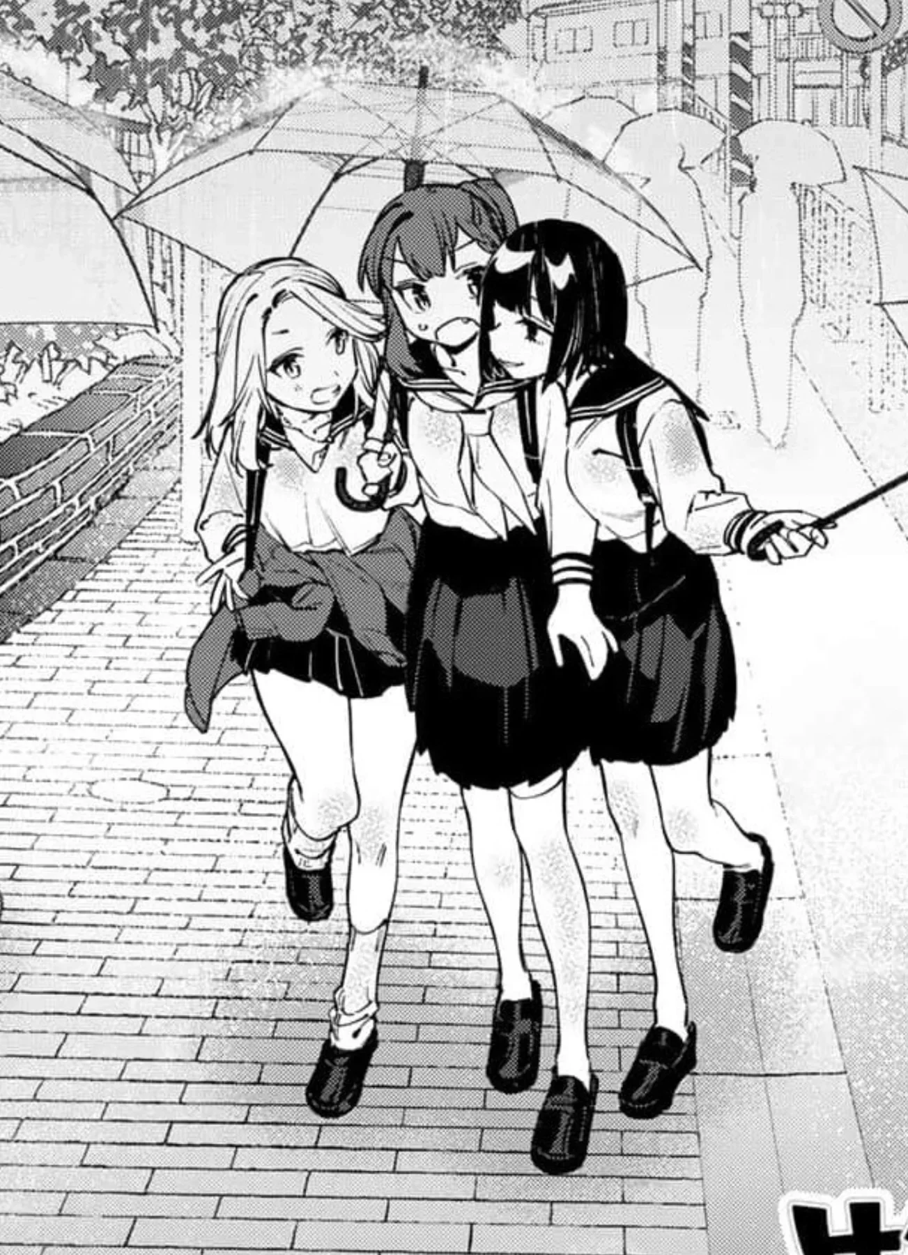One umbrella, three girls!