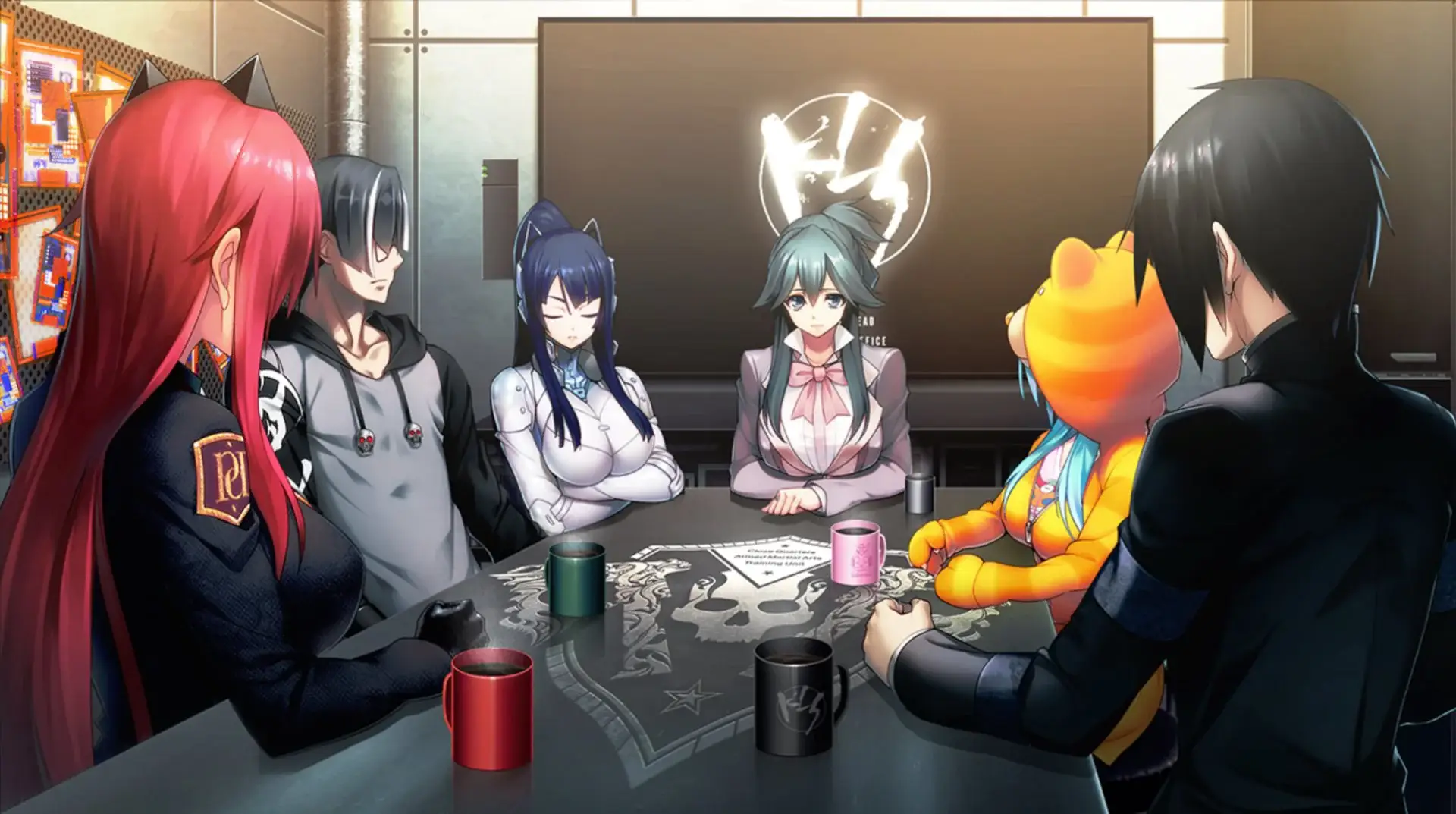 The main team all together analyzing the plan and preparing to enter into action. This screen will appear multiple times with different members to see.
