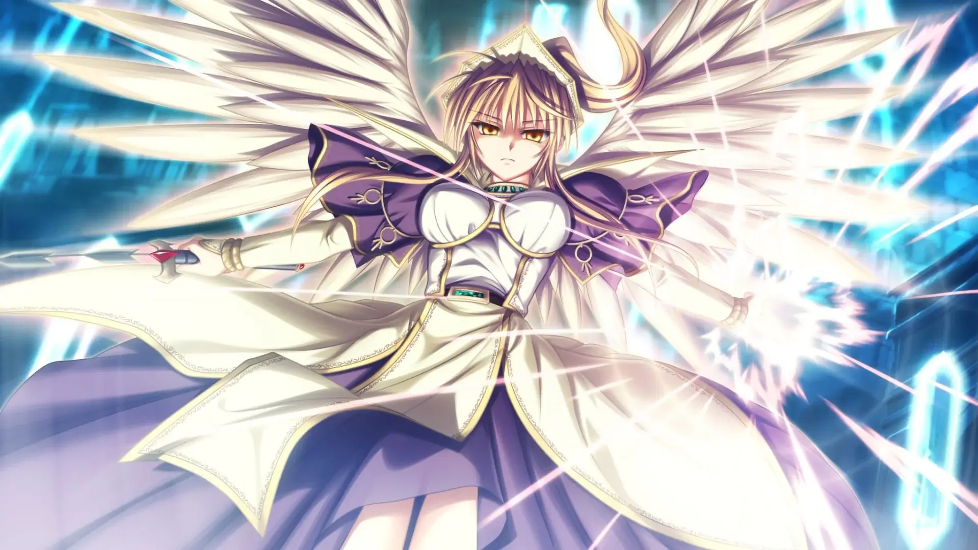 Ekria in the fighting mode we see in Genrin no Kishougun. She's quite imposing here