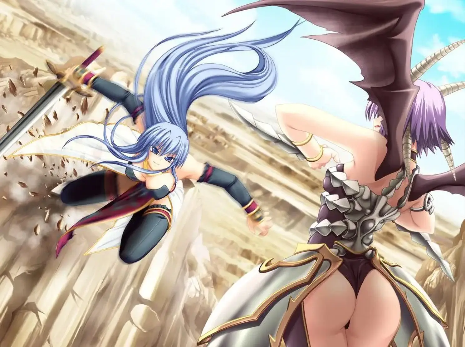 Haishera vs Sora no Yuushi. Again yeah, the outfits can be quite distracting in this game.