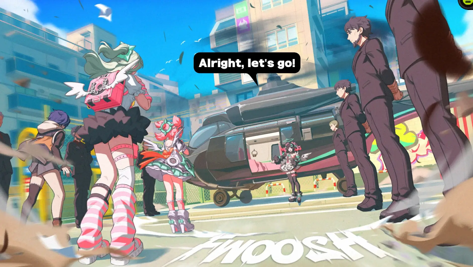 Alright, let's go...what? Like explain where did you get an helicopter and an army of black suits first Nangong. Chinatsu/Sunna and Aria are surprised...