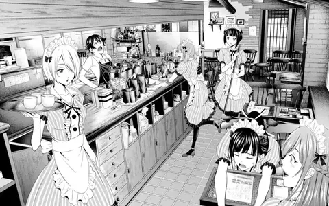 The group (Ouka, Shiragiku, Riho, Akane and Ami) at the cafe "working". I say working because there's no customers.