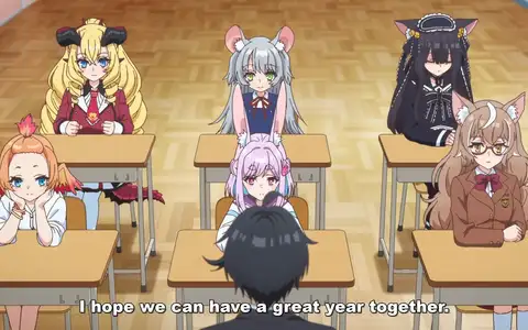 The new composition of the classroom with the three existing girls front (Haneda, Sui and Isaki) and the three new behind (Neneko, Karin and Machi)