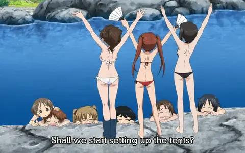 Kawashima Momo, Kadotani Anzu and Yuzu Koyama praising the sun in swimsuits. No joking, but it looks like so.