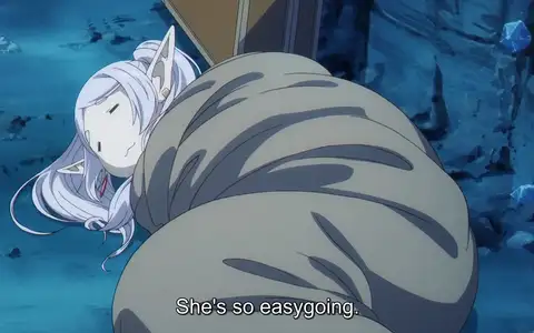 Frieren in taco mode whirled inside some cover to sleep. Honestly love when her face change to these super deformed ones.