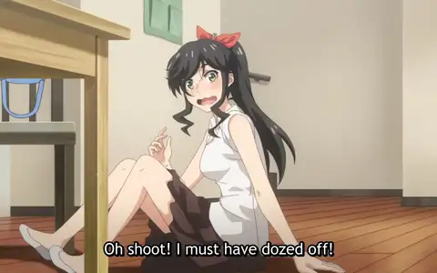 Kinme waking up from sleep in the middle of the room worried that someone might have seen her. Absolutely adorable!