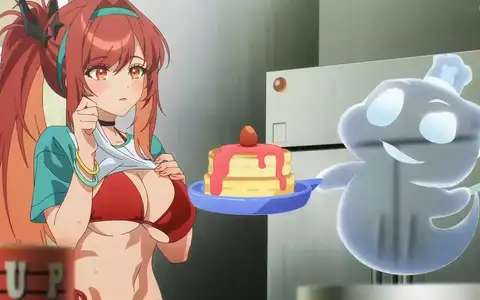 Swimsuit Rapi being served a cake by a ghost entity from the summer event. Honestly they made a great job with the summer skin for Rapi.