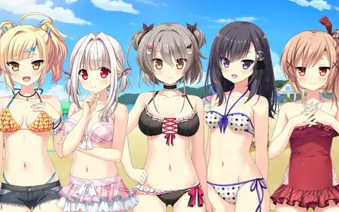 From left to right, Takashiro Towa, Ayame Nayuri, Matsuyuki Ame, Yotsuba Kohaku and Minazuki Shio. All in swimsuits of course. The best one is Ame by far and wide here.