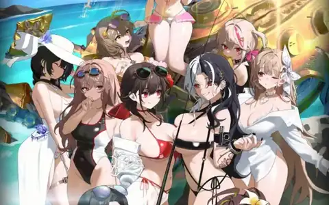 A summary picture from Nikke Summer event involving Swimsuit Rosanna, Sakura, Mary and many other characters.
