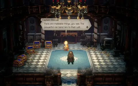 Captain Stenvar sure likes to show off his stereotypical villain face. Tons of gold around the room, talk about bending facts to his will, even the "you know too much now" line!