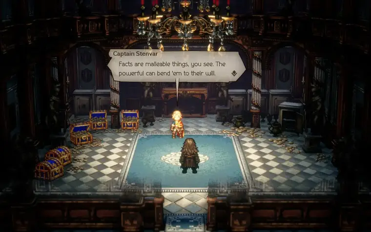 Captain Stenvar sure likes to show off his stereotypical villain face. Tons of gold around the room, talk about bending facts to his will, even the "you know too much now" line!