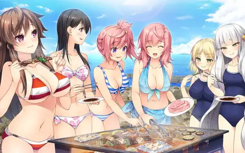 Swimsuit scene with Carlene, Haruna Rita, Haruna Ami, JIyuuni Yuuri, Brünhild Schwestern and Nagaraya Shirohebi. Quite a choice to pick school swimsuit for Shirohebi and Carlene
