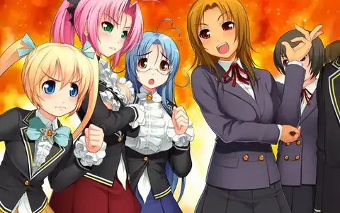 Hinoke Yuka and the School Newspaper Club members provoking the witches Garnet, Spica and Mira.