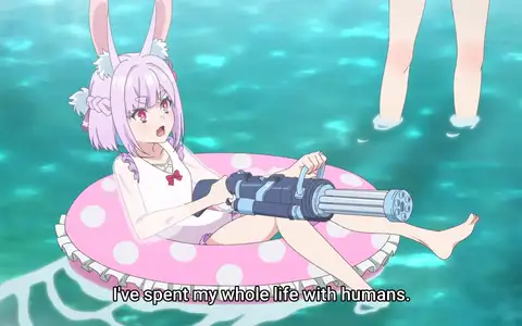 Sui is absolutely cute with a swimsuit, but why is she holding a water gatling gun? Like..that's dangerous!