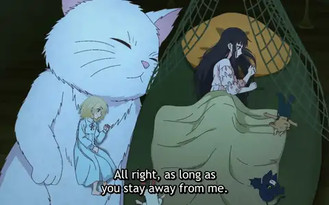 Luna sleeping with Lizel and a giant cat. Just what exactly is that cat? They treat it like it's normal, but...it's huge!