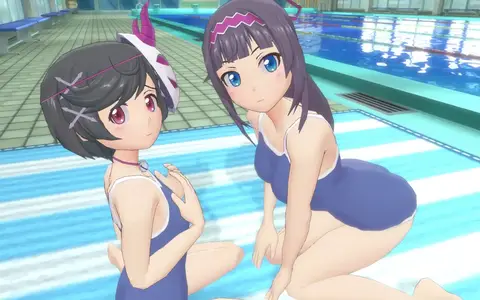 Of course, it can't look complete without a proper school swimsuit scene of the sisters in Gal Gun Double Peace. Just look at them, so adorable!