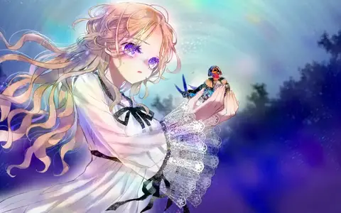 Canary with a bird in her hand. The name is kind of telling of what kind of story she will have in the visual novel.