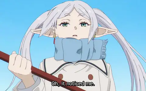 Frieren flying ready to strike down the enemies with her magic. It's a scene we've seen multiple times in the past, but it's still amazing to see.